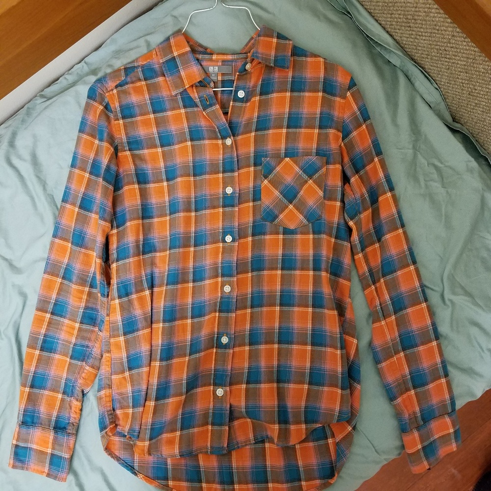 Uniqlo orange and blue plaid flannel shirt